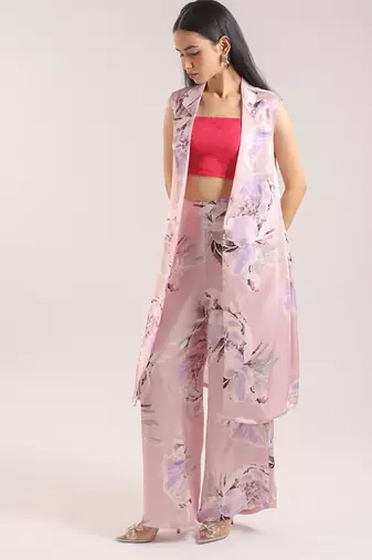 Dusty pink floral printed cotton kurta set with bustier