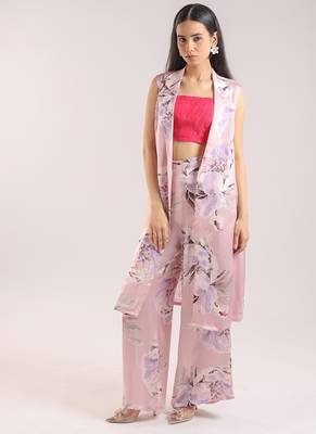 Dusty pink floral printed cotton kurta set with bustier 4