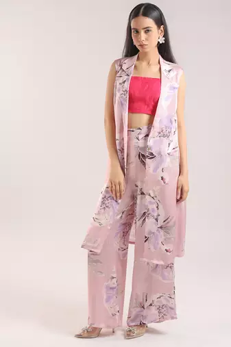 Dusty pink floral printed cotton kurta set with bustier