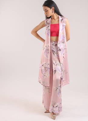 Dusty pink floral printed cotton kurta set with bustier 5