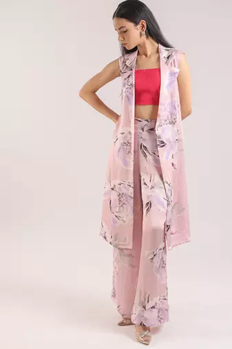 Dusty pink floral printed cotton kurta set with bustier