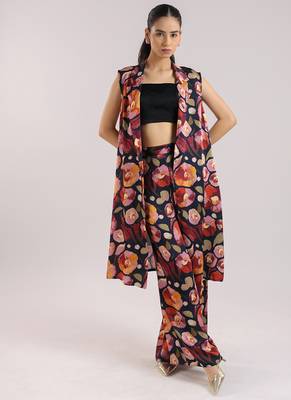 Black floral printed cotton kurta set with bustier 1