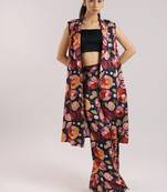 Black floral printed cotton kurta set with bustier