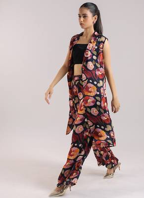 Black floral printed cotton kurta set with bustier 2
