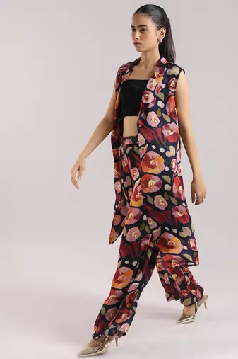 Black floral printed cotton kurta set with bustier