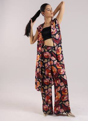 Black floral printed cotton kurta set with bustier 3