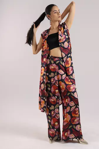 Black floral printed cotton kurta set with bustier