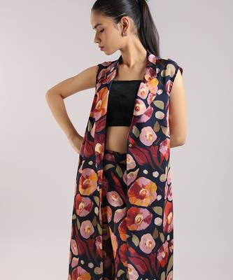 Black floral printed cotton kurta set with bustier 4