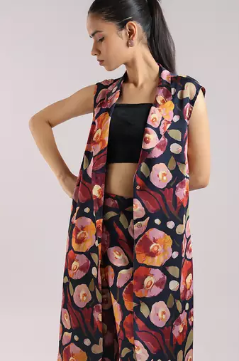 Black floral printed cotton kurta set with bustier