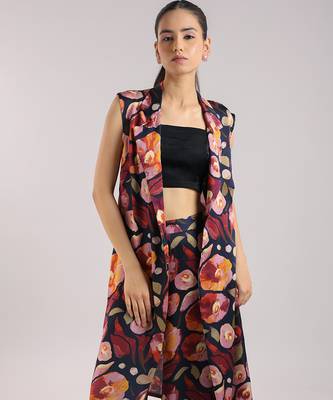 Black floral printed cotton kurta set with bustier 5