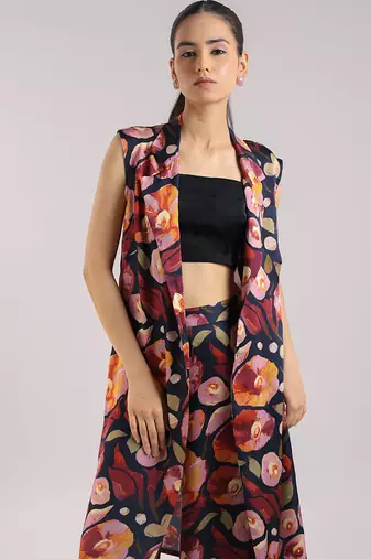 Black floral printed cotton kurta set with bustier