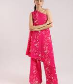 Ruby pink one-shoulder floral printed cotton kurta set