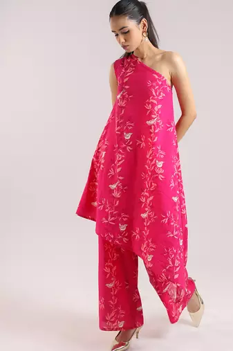 Ruby pink one-shoulder floral printed cotton kurta set