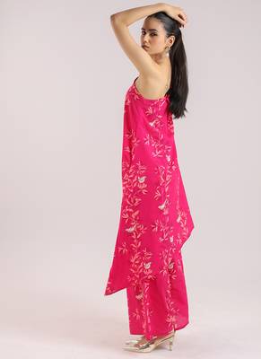 Ruby pink one-shoulder floral printed cotton kurta set 3