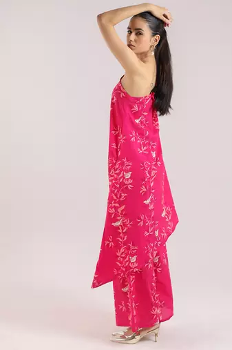 Ruby pink one-shoulder floral printed cotton kurta set