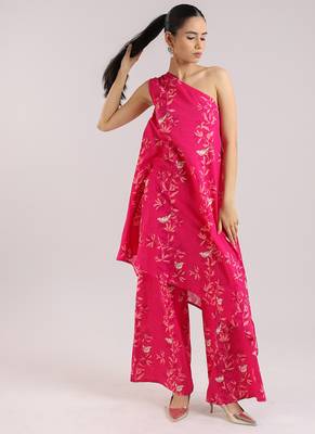 Ruby pink one-shoulder floral printed cotton kurta set 4