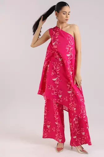 Ruby pink one-shoulder floral printed cotton kurta set
