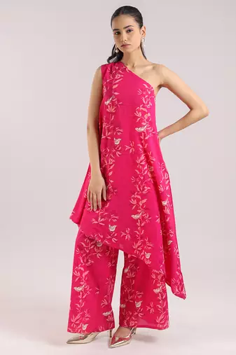 Ruby pink one-shoulder floral printed cotton kurta set