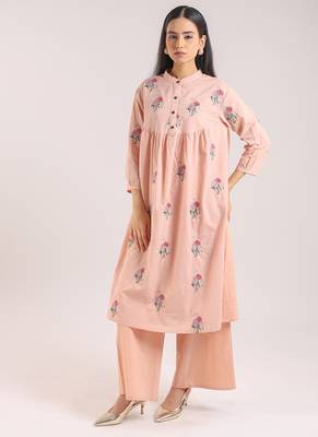 Nude pink embroidered cotton kurta set 1