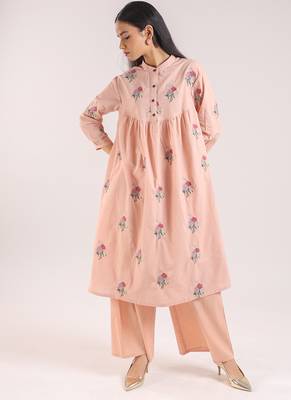 Nude pink embroidered cotton kurta set 2