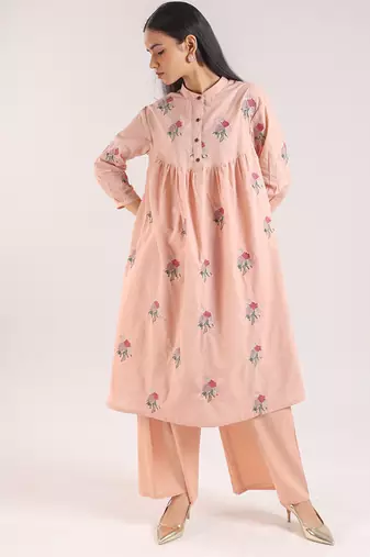 Nude pink embroidered cotton kurta set