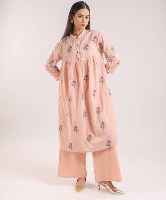Nude pink embroidered cotton kurta set 3