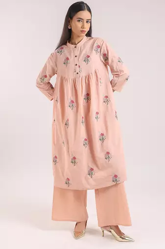 Nude pink embroidered cotton kurta set