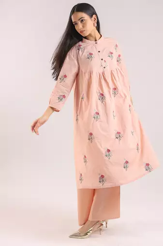Nude pink embroidered cotton kurta set