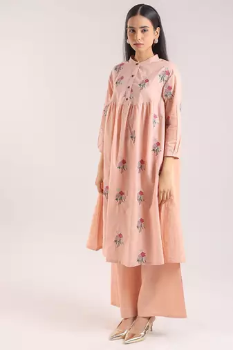 Nude pink embroidered cotton kurta set