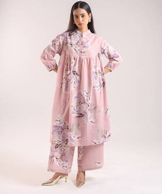 Pink floral printed cotton kurta with pant 1