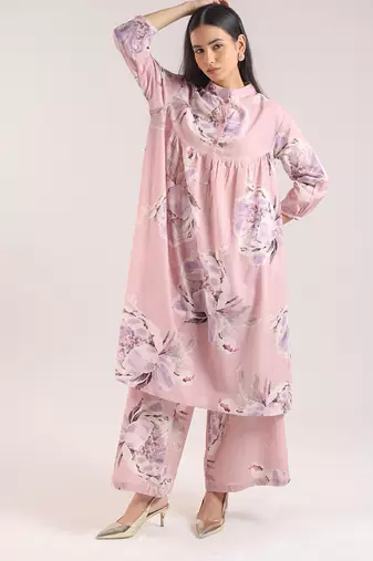Pink floral printed cotton kurta with pant