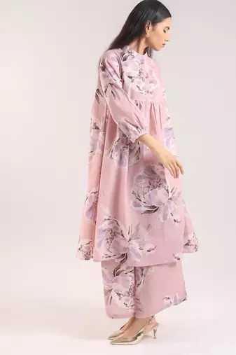 Pink floral printed cotton kurta with pant