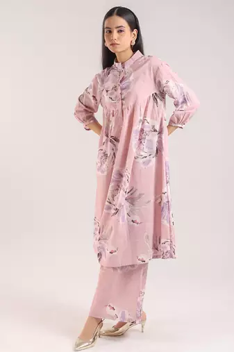 Pink floral printed cotton kurta with pant