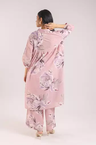 Pink floral printed cotton kurta with pant