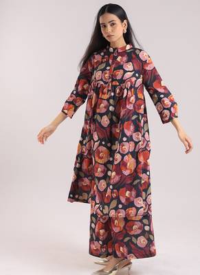 Black floral printed cotton kurta set 1