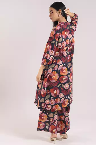 Black floral printed cotton kurta set