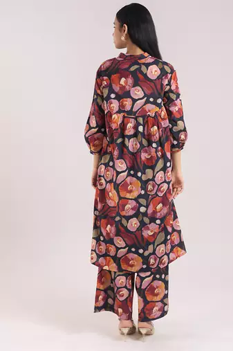 Black floral printed cotton kurta set
