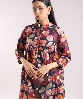 Black floral printed cotton kurta set 4
