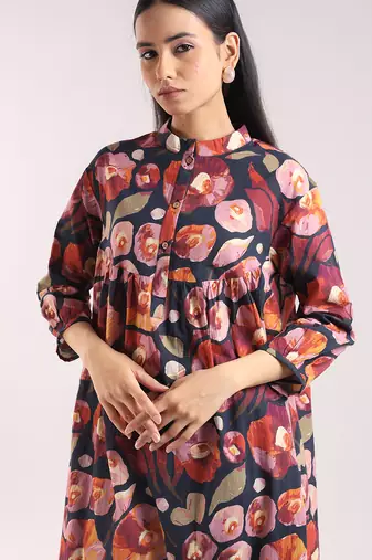 Black floral printed cotton kurta set