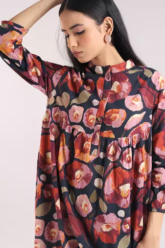 Black floral printed cotton kurta set