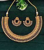 Gold-plated necklace and earrings set, south indian temple jewellery design with beaded