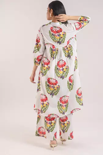 White foral printed cotton kurta set