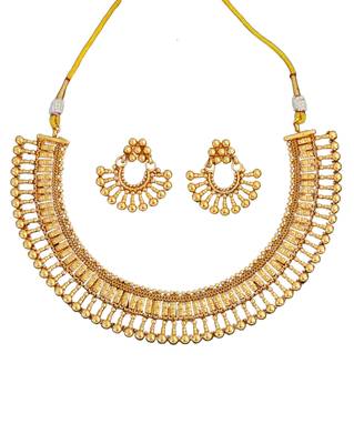 Gold-plated necklace and earrings set, south indian temple jewellery design with beaded 6