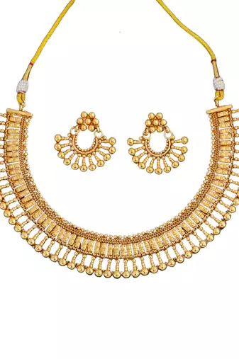 Gold-plated necklace and earrings set, south indian temple jewellery design with beaded