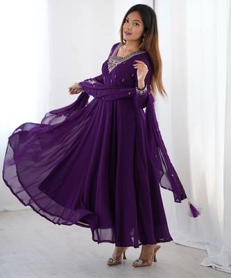 Purple anarkali set with heavy embroidery, dupatta & full stitch finish 1