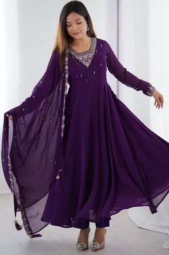 Purple anarkali set with heavy embroidery, dupatta & full stitch finish