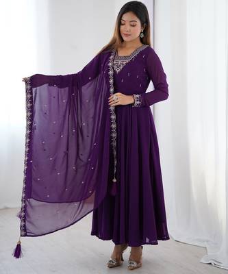 Purple anarkali set with heavy embroidery, dupatta & full stitch finish 3