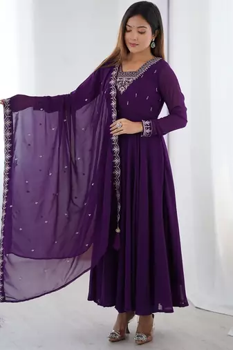 Purple anarkali set with heavy embroidery, dupatta & full stitch finish