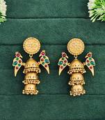 Gold-plated jhumka earrings with peacock design, ruby and emerald stones, triple layer