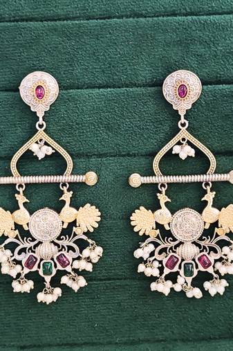 Vintage pearl drop earrings with ruby and emerald stones, peacock design, two-toned earrings